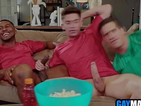 Football fan Bohemian used by white & black joyous buddies asian triune joyous sex videos