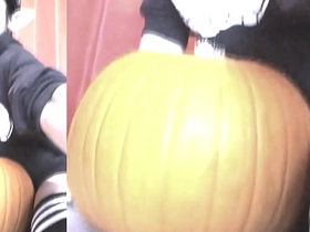 SFW Jon Arteen X twink emo femboy carves a Halloween pumpkin forth his lingerie Jack-o'-Lantern asian recently amazingly gay sex videos