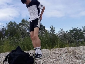 Cute twink Jon Arteen wears black Adidas outfit, shows his underwear, walks freeballing, jerking off throught his short shorts, cumming open-air gay sex videos hd asian